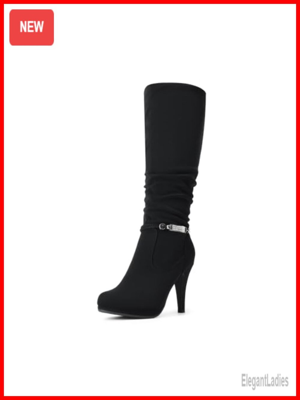 Stiletto Platform Knee High Boots Faux Leather Faux Fur Lined Rhinestone